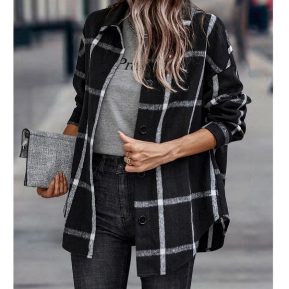 black and white plaid print overcoat fall winter chic classy casual - Picture 4 of 4
